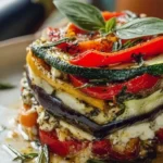 Layered Mediterranean Vegetable Lasagna with Creamy Ricotta on a serving plate