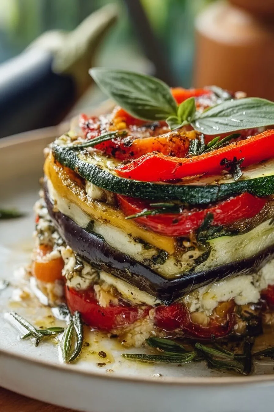 Layered Mediterranean Vegetable Lasagna with Creamy Ricotta on a serving plate