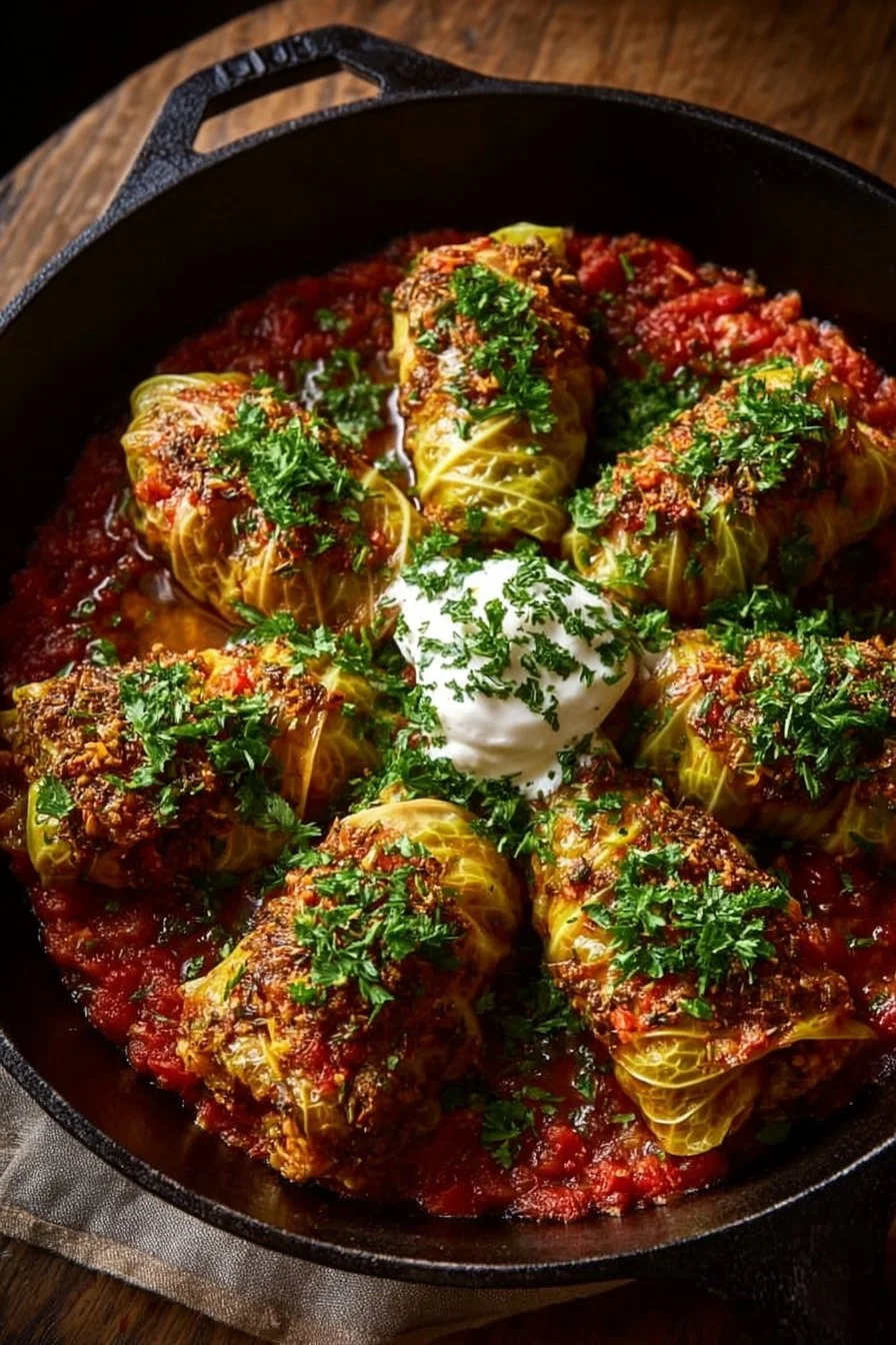 Lebanese stuffed cabbage rolls served on a plate with herbs and spices.