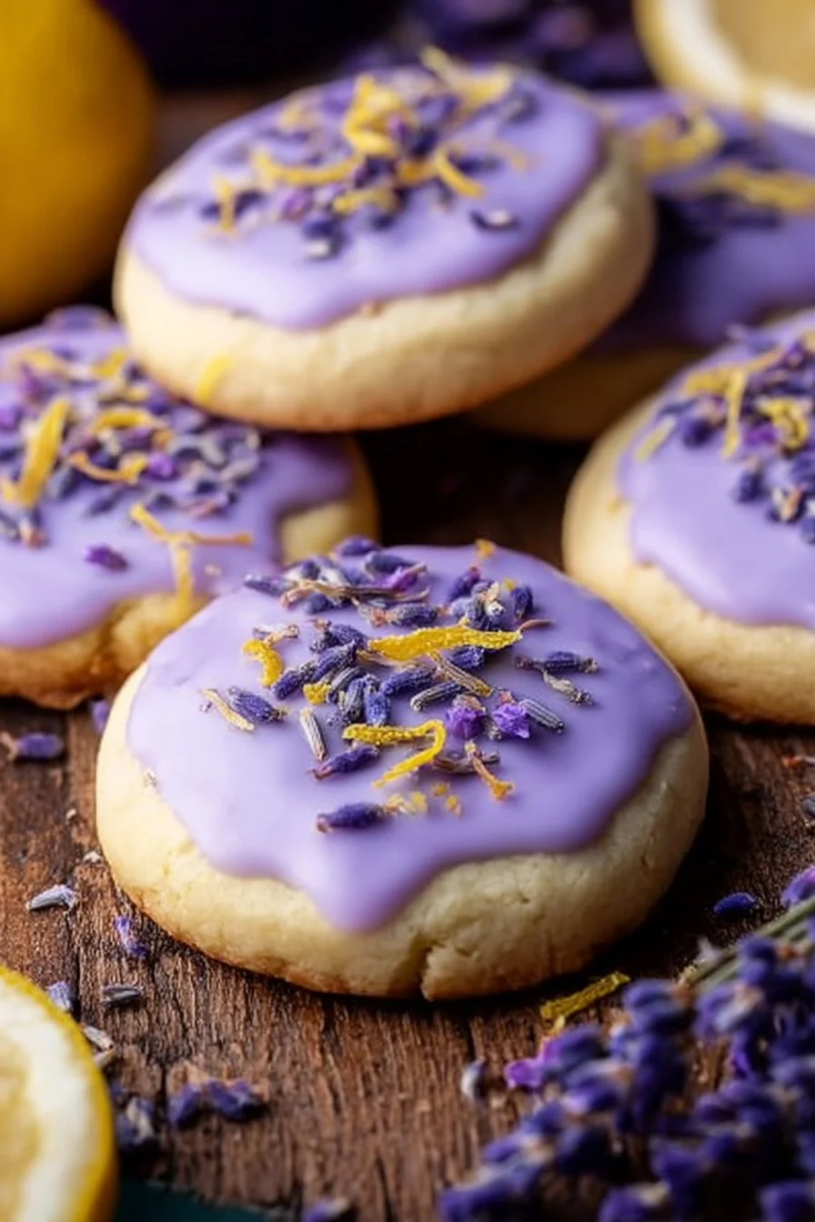 Freshly baked lemon lavender cookies with a sprinkle of lavender flowers