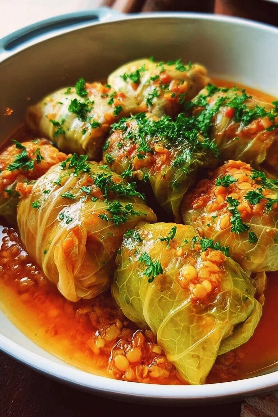Lentil and rice stuffed cabbage rolls on a plate with fresh herbs