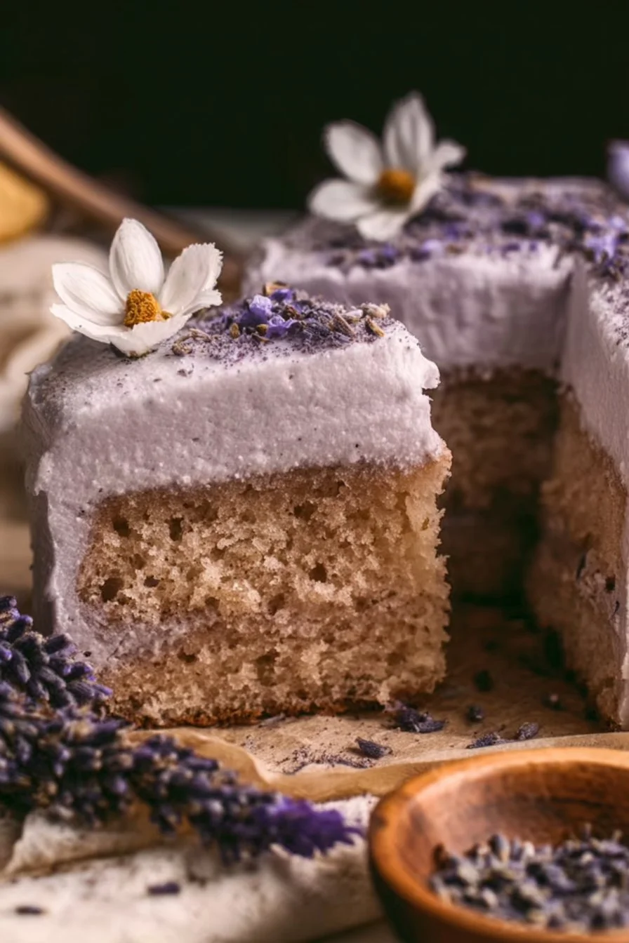 Delicious London Fog Cake featuring Earl Grey flavor and creamy vanilla frosting.