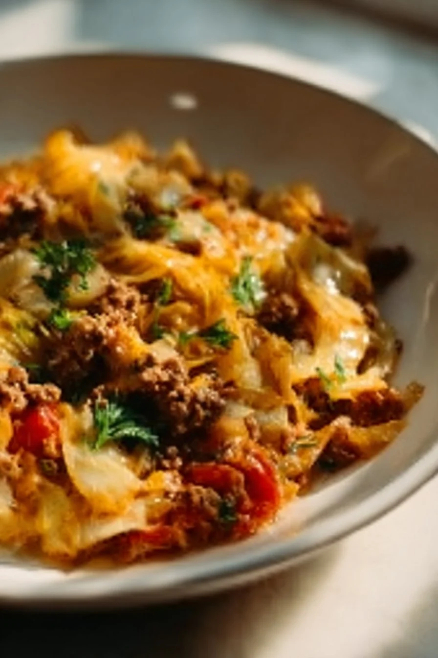 Low carb unstuffed cabbage casserole served in a bowl with fresh parsley.