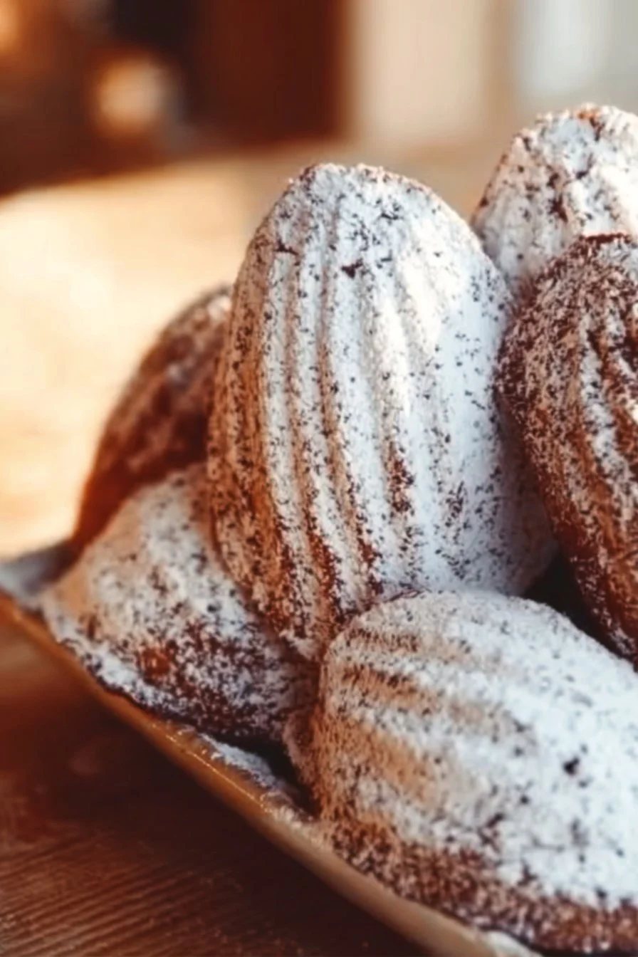 Freshly baked madeleines on a plate, showcasing their signature shell shape.