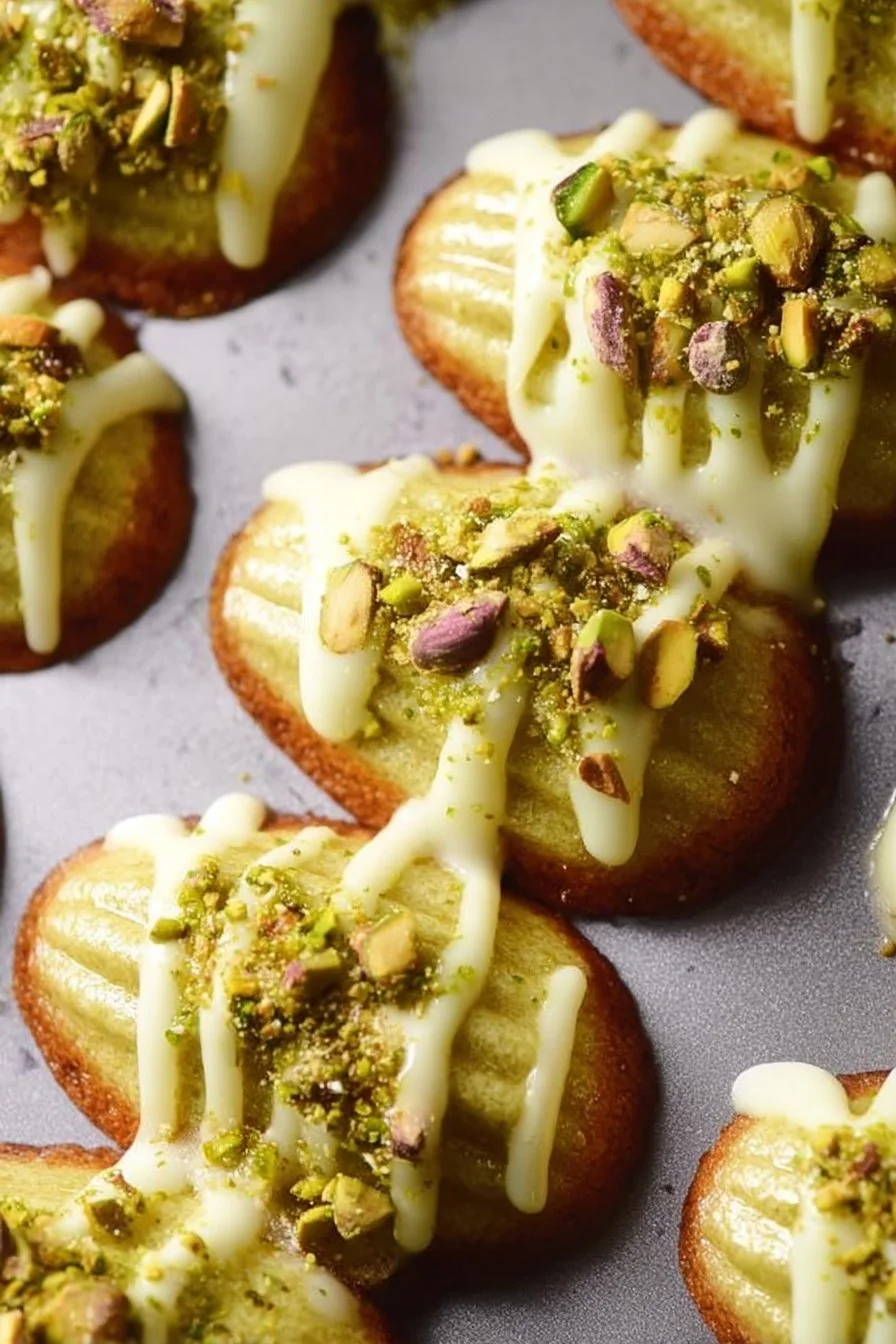 Pistachio Madeleines with White Chocolate Shell