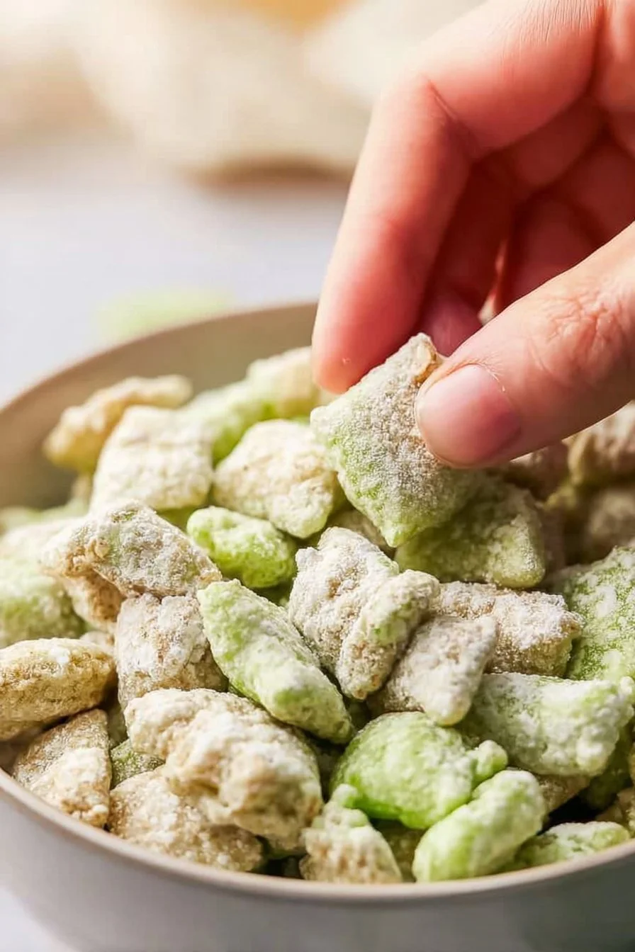 Bowl of homemade Pistachio Puppy Chow with nuts and chocolate coating