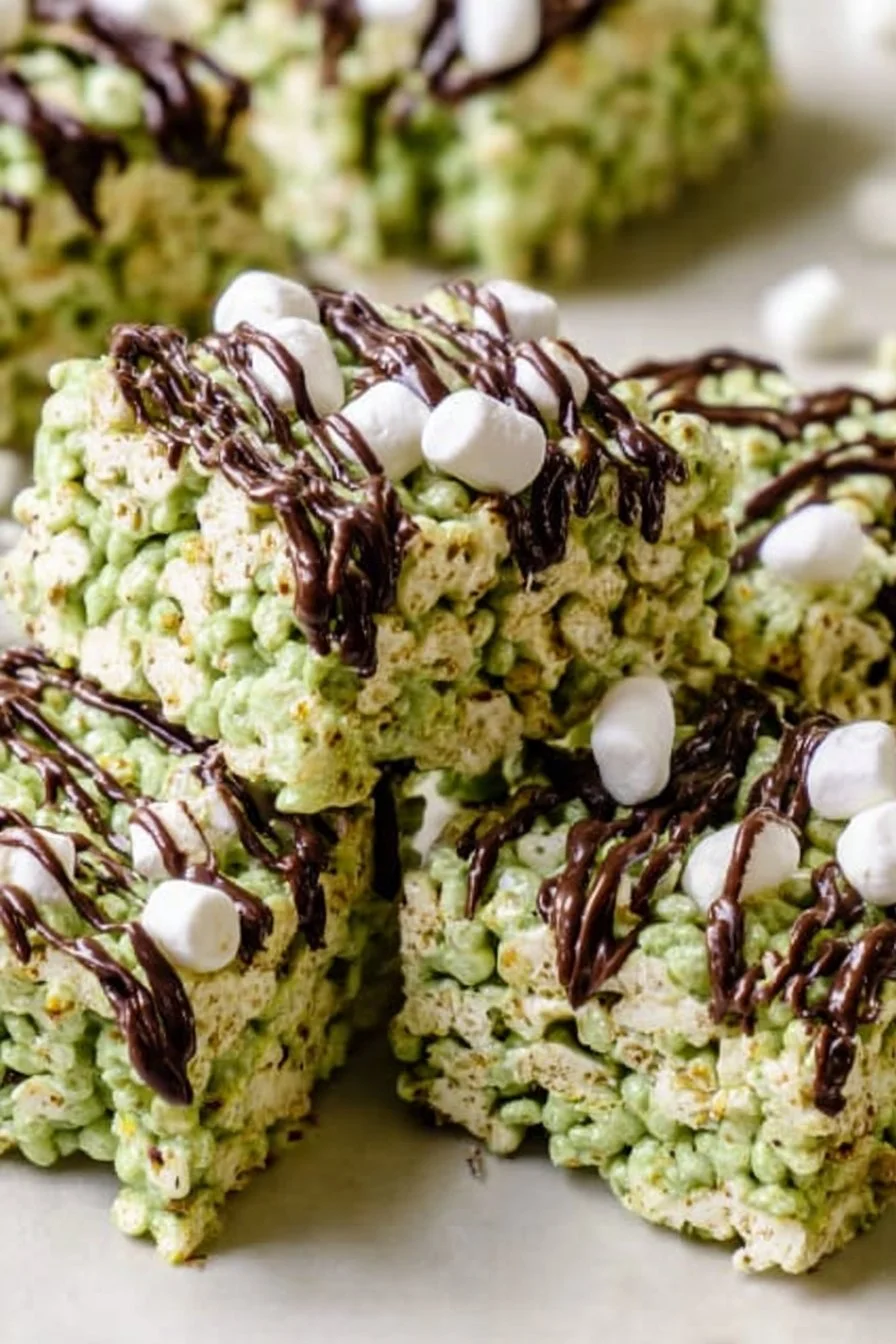 Pistachio Rice Krispie Treats drizzled with dark chocolate on a white plate.
