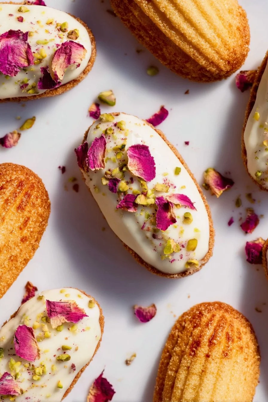 Pistachio Rosewater Madeleines on a plate, showcasing their unique flavor and texture.