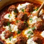 Plate of homemade ricotta meatballs served with marinara sauce.