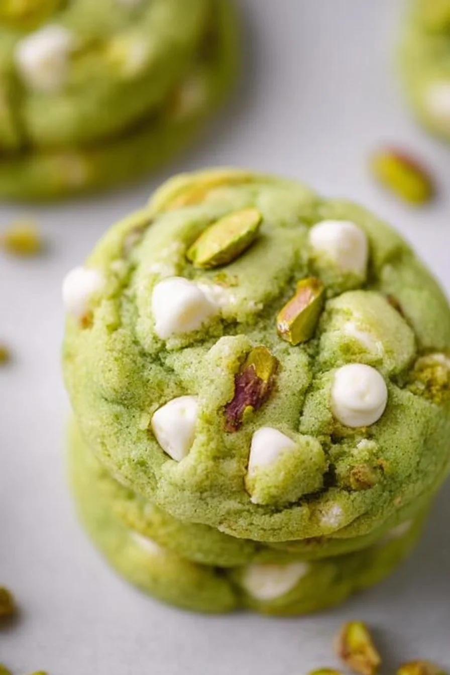 Soft and chewy pistachio pudding cookies on a baking tray