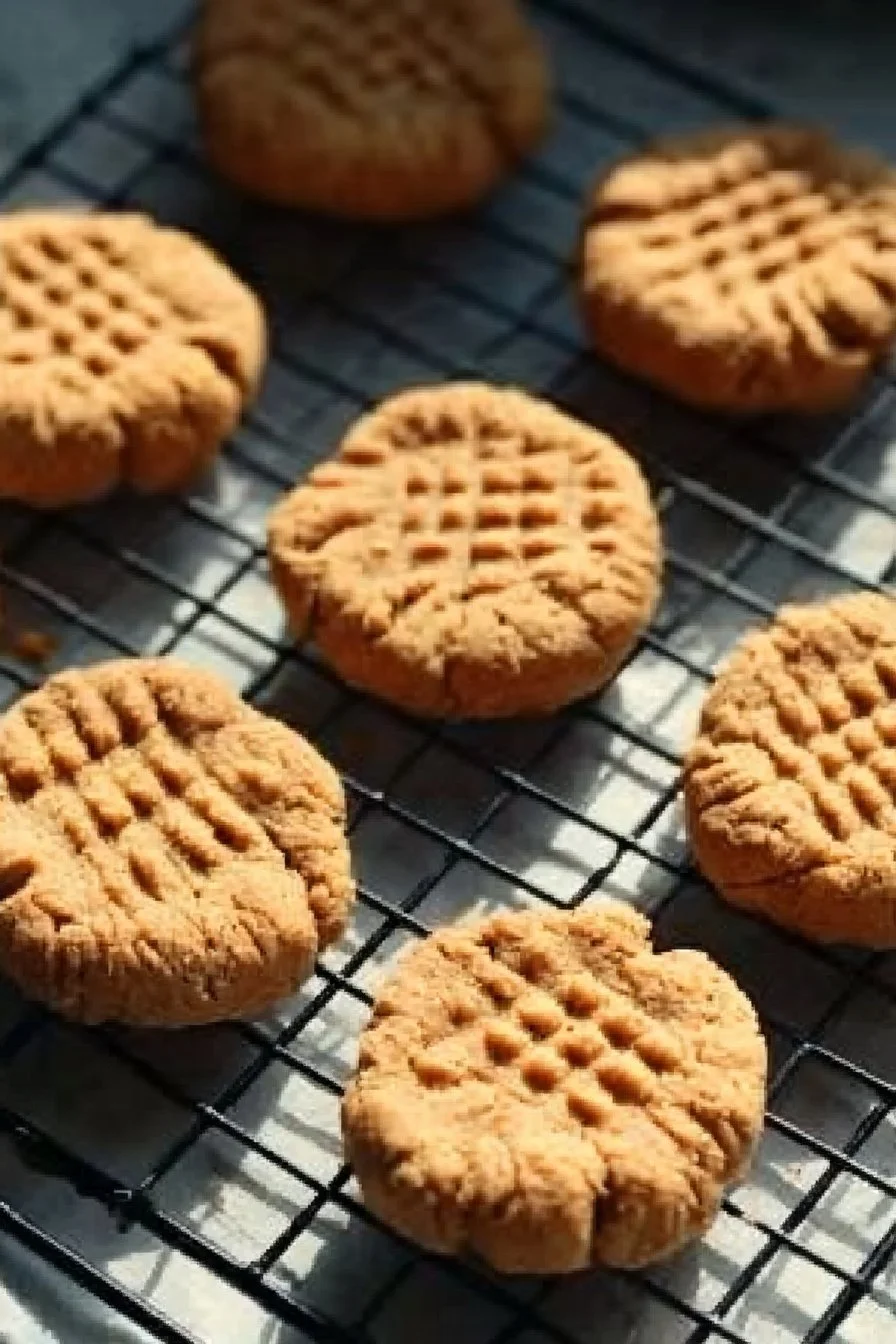 Delicious sourdough discard peanut butter cookies on a wooden table.
