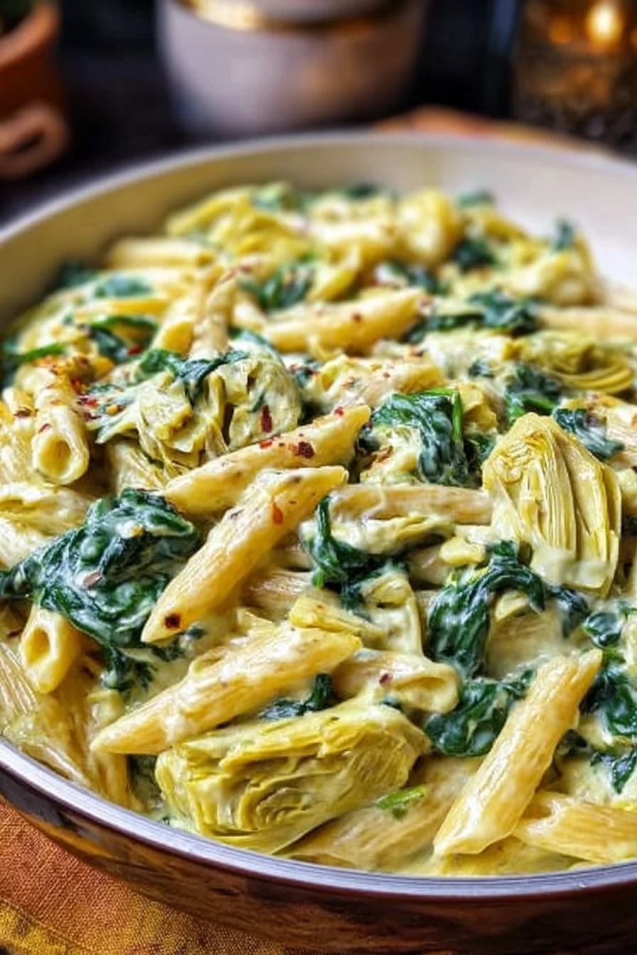 Creamy Spinach Artichoke Pasta served in a bowl with fresh herbs.