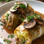 Delicious stuffed cabbage rolls with mushroom sauce on a plate.
